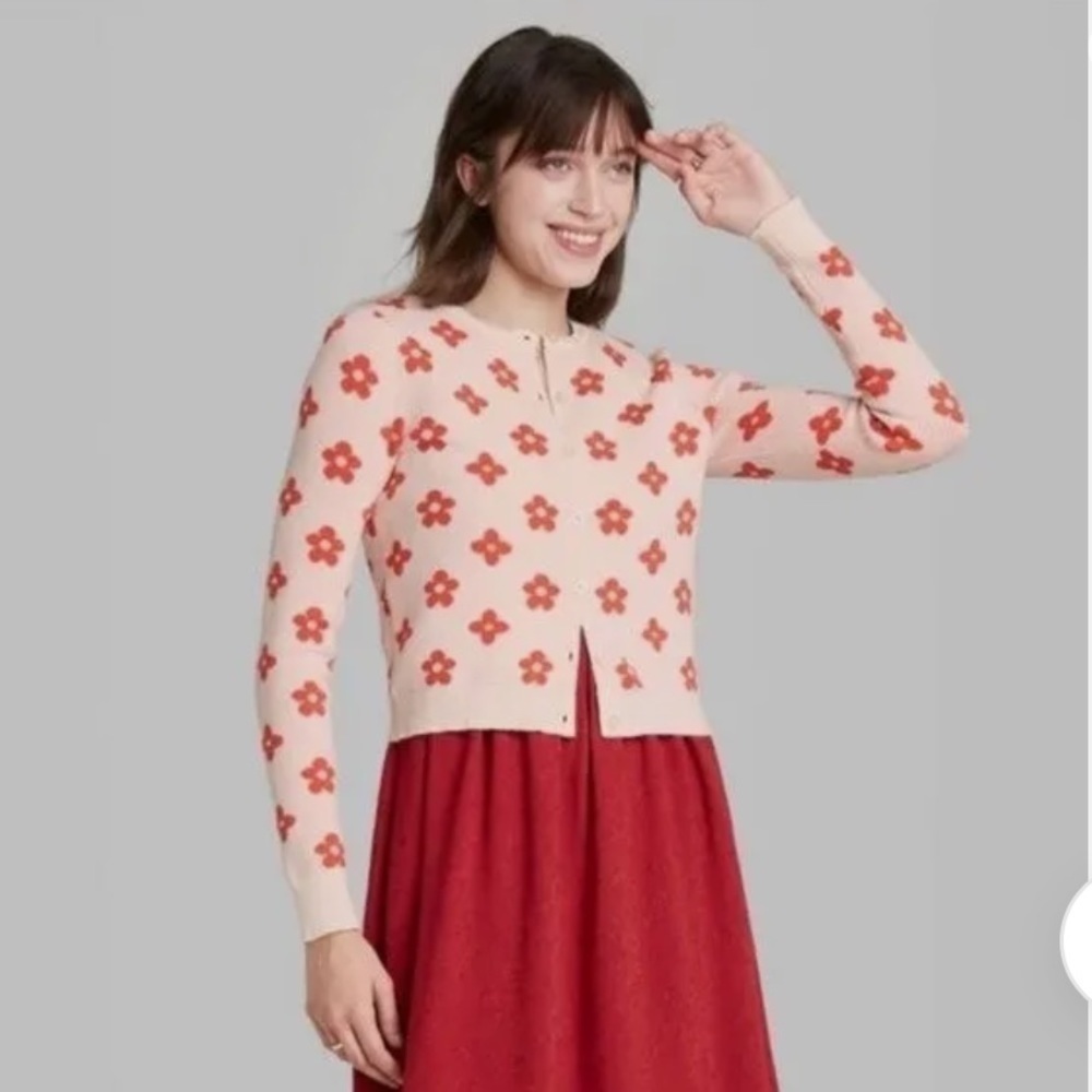 🦋 Wild Fable Cream Orange Floral Flower Print Cropped Cardigan Spring Medium